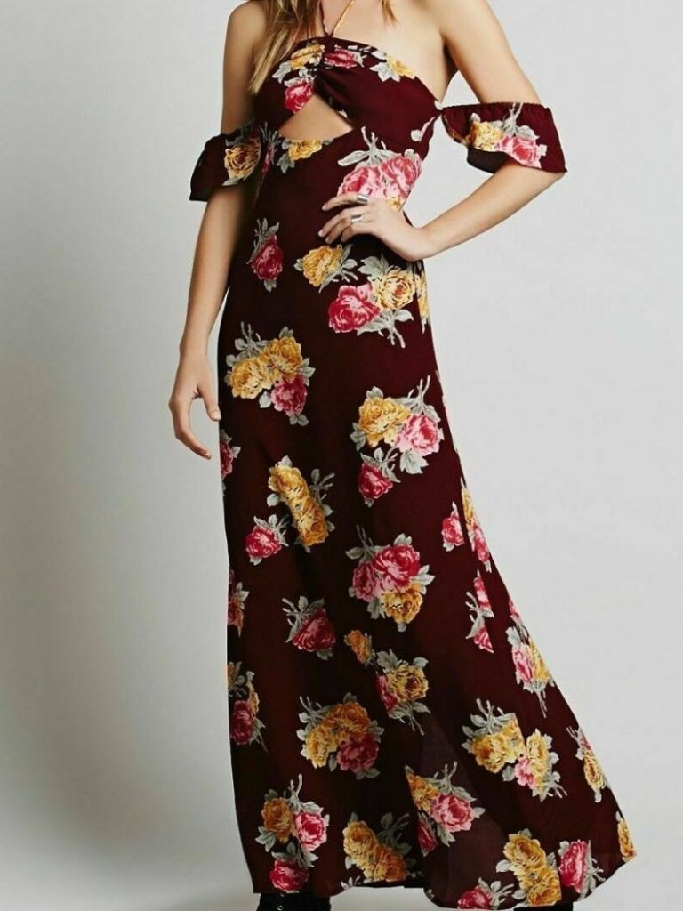 Flynn Skye Free People Red Err Night Floral Print Off Shoulder Cutout Maxi Dress